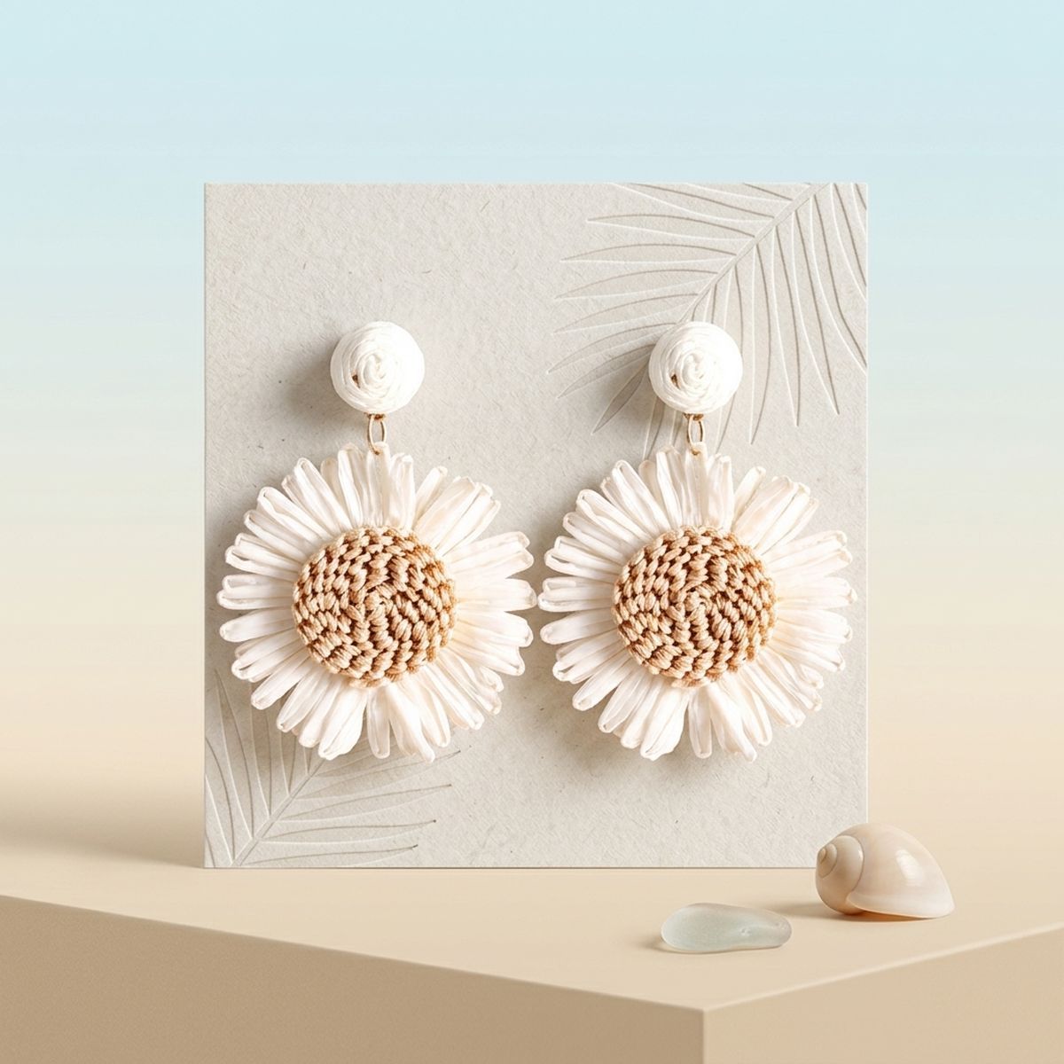Looped Ivory Straw Raffia Sunflower Drop Earrings