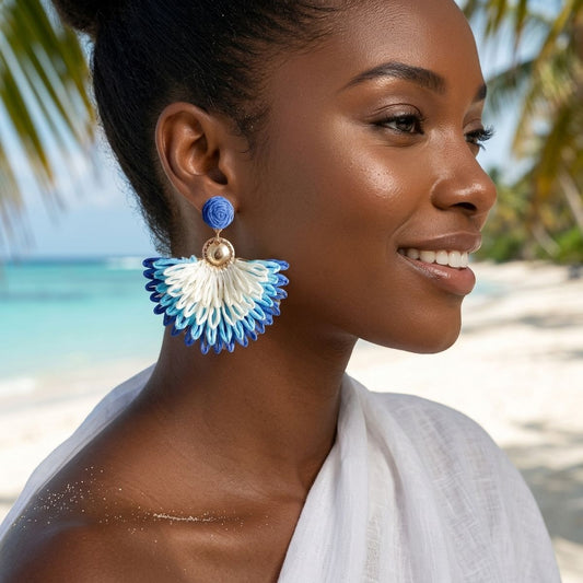 Layered Fanned Blue Raffia Drop Earrings