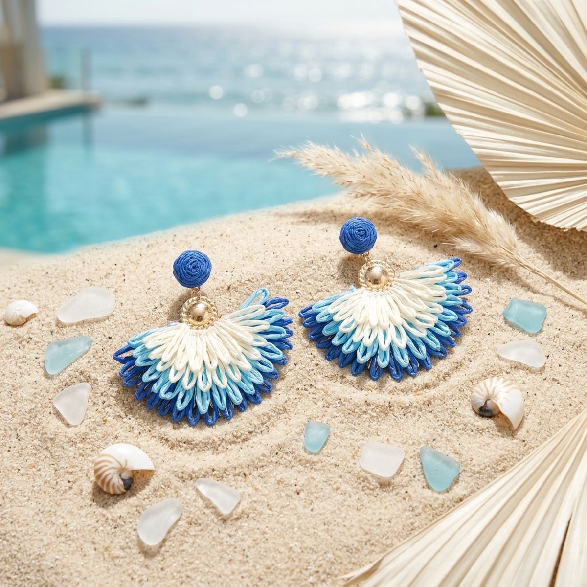 Layered Fanned Blue Raffia Drop Earrings
