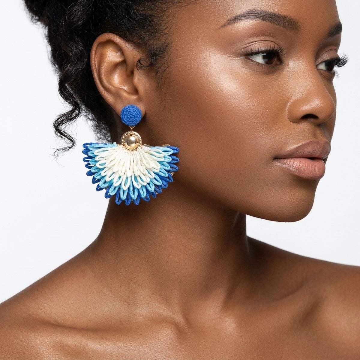 Layered Fanned Blue Raffia Drop Earrings