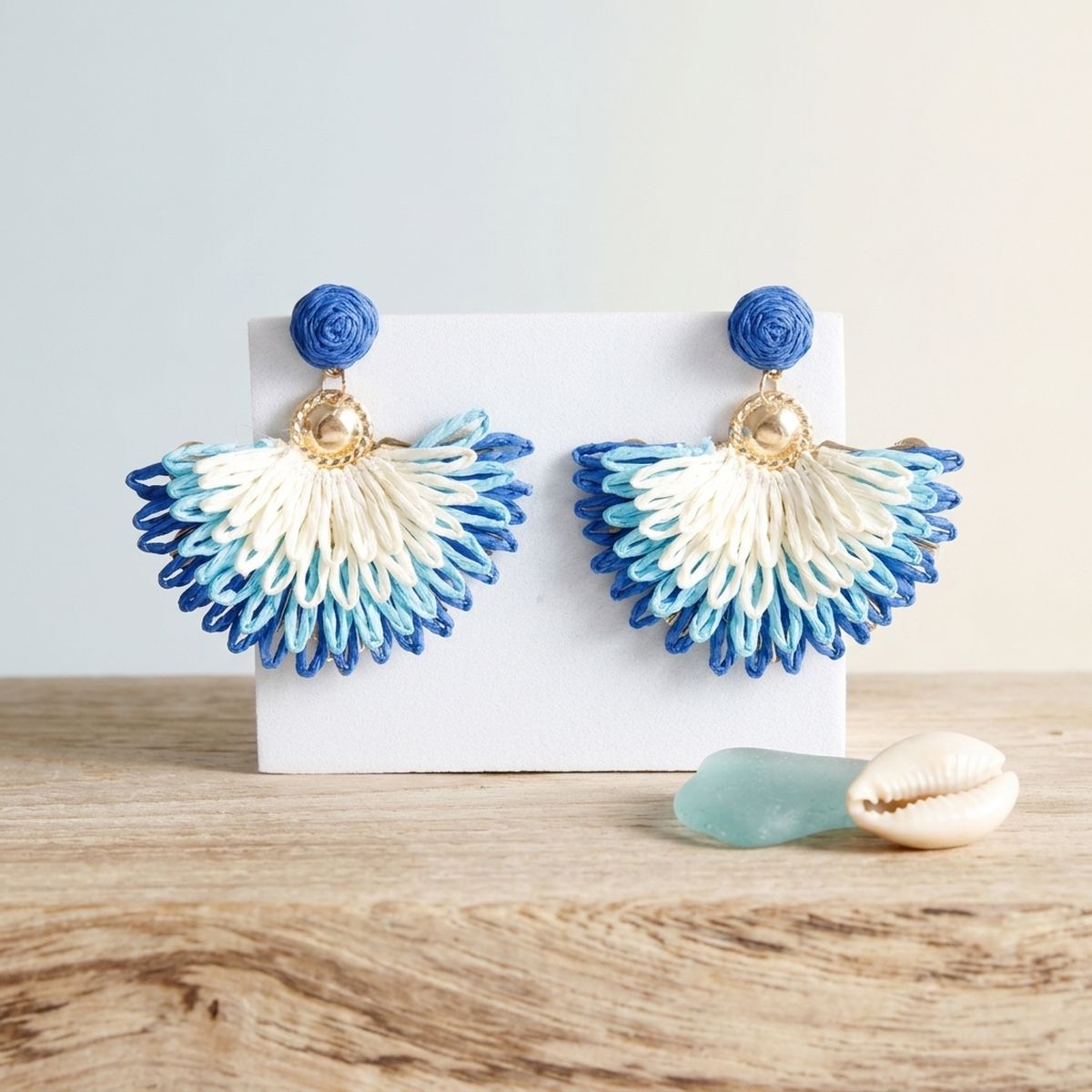 Layered Fanned Blue Raffia Drop Earrings
