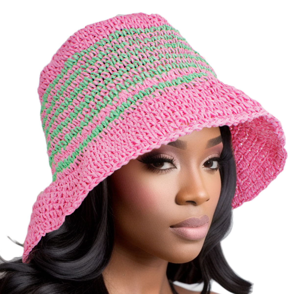 AKA Bucket Hat Pink Green Multi Stripe Straw