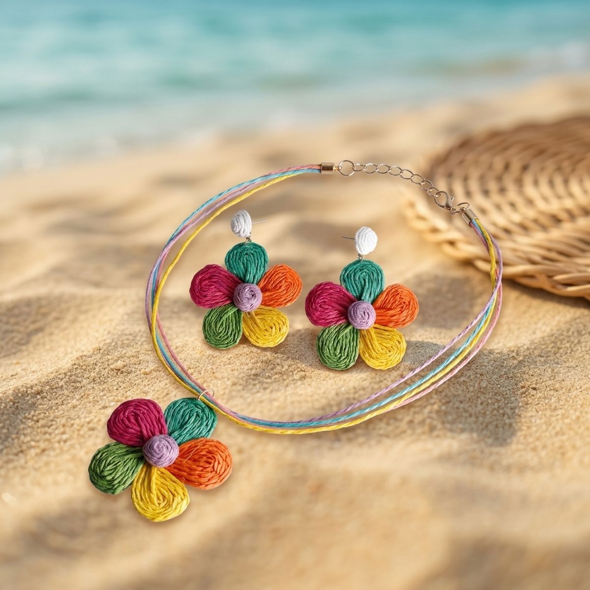 Multicolor Daisy Flower Raffia Pendant Necklace Set