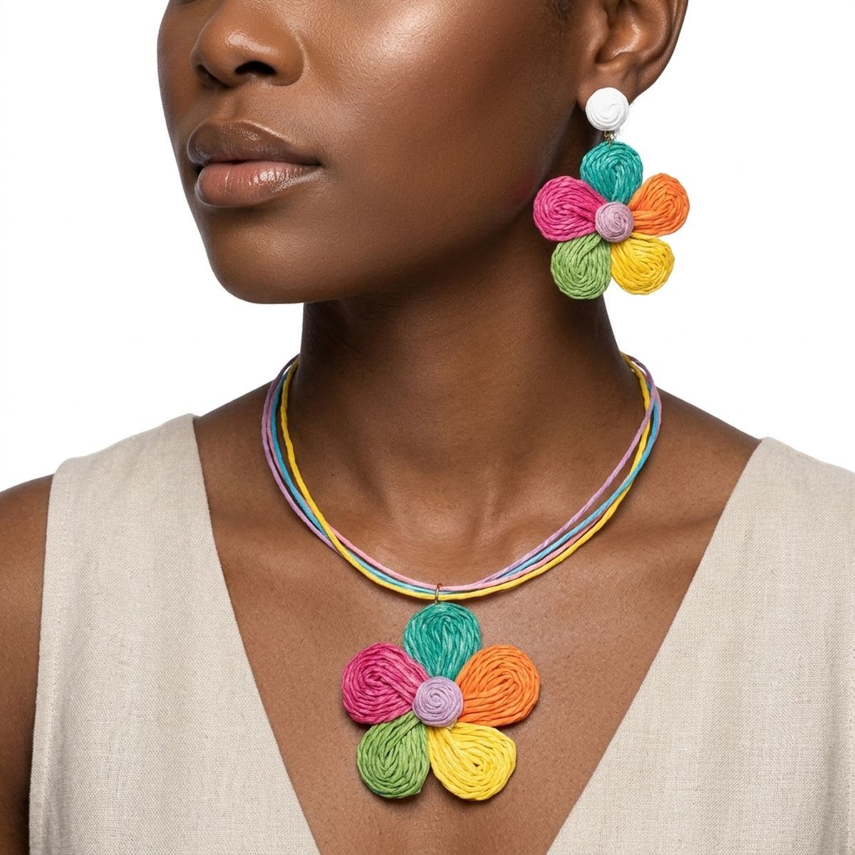 Multicolor Daisy Flower Raffia Pendant Necklace Set