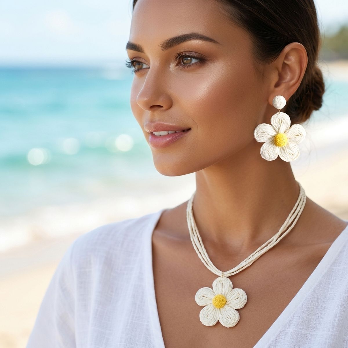 Ivory Daisy Flower Raffia Pendant Necklace Set