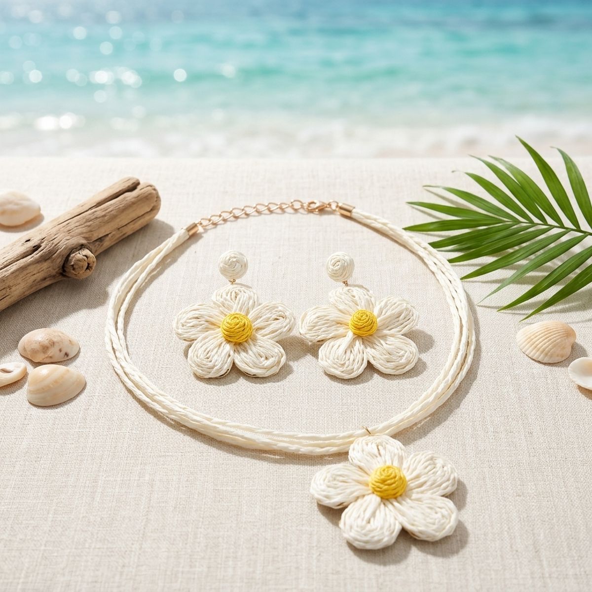 Ivory Daisy Flower Raffia Pendant Necklace Set