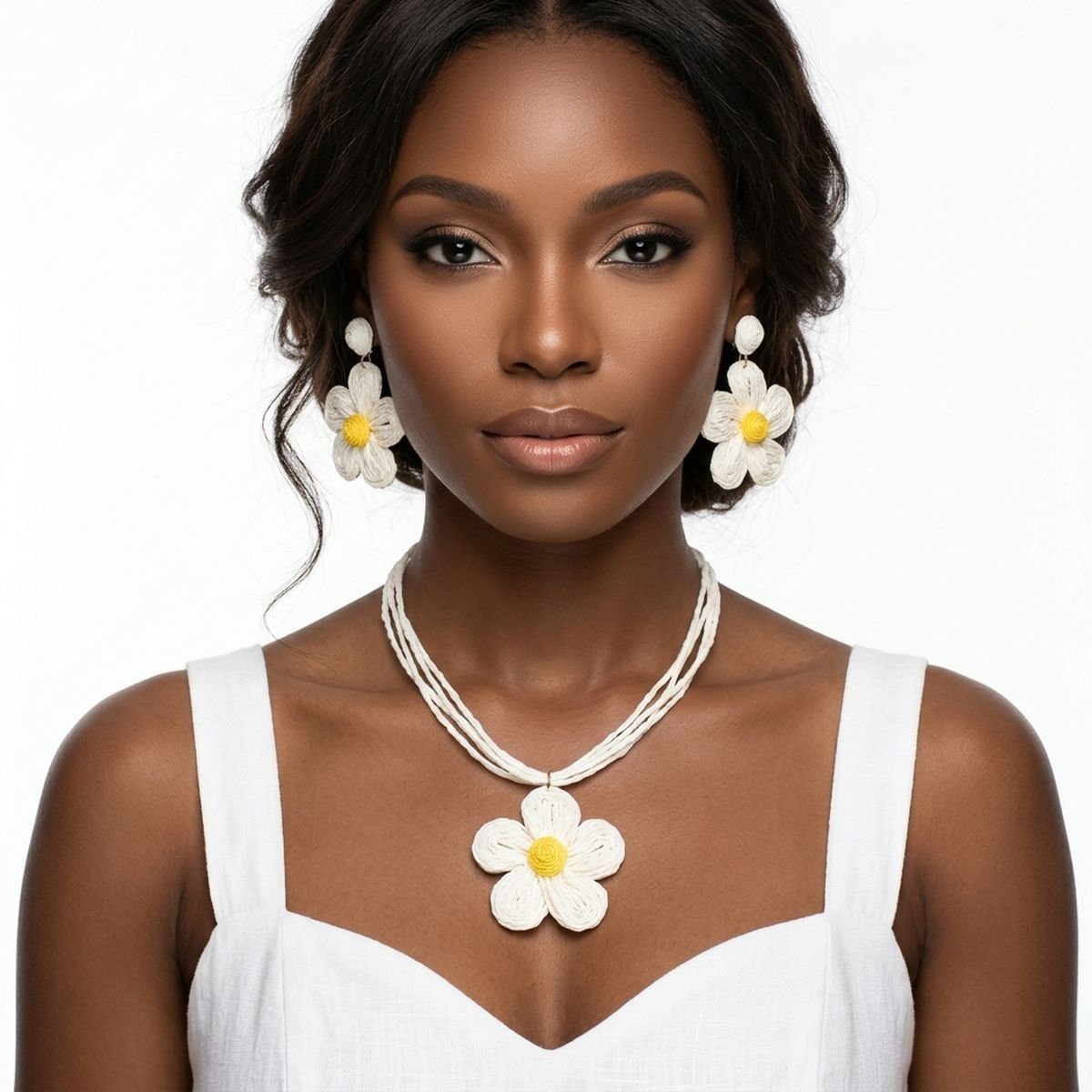 Ivory Daisy Flower Raffia Pendant Necklace Set