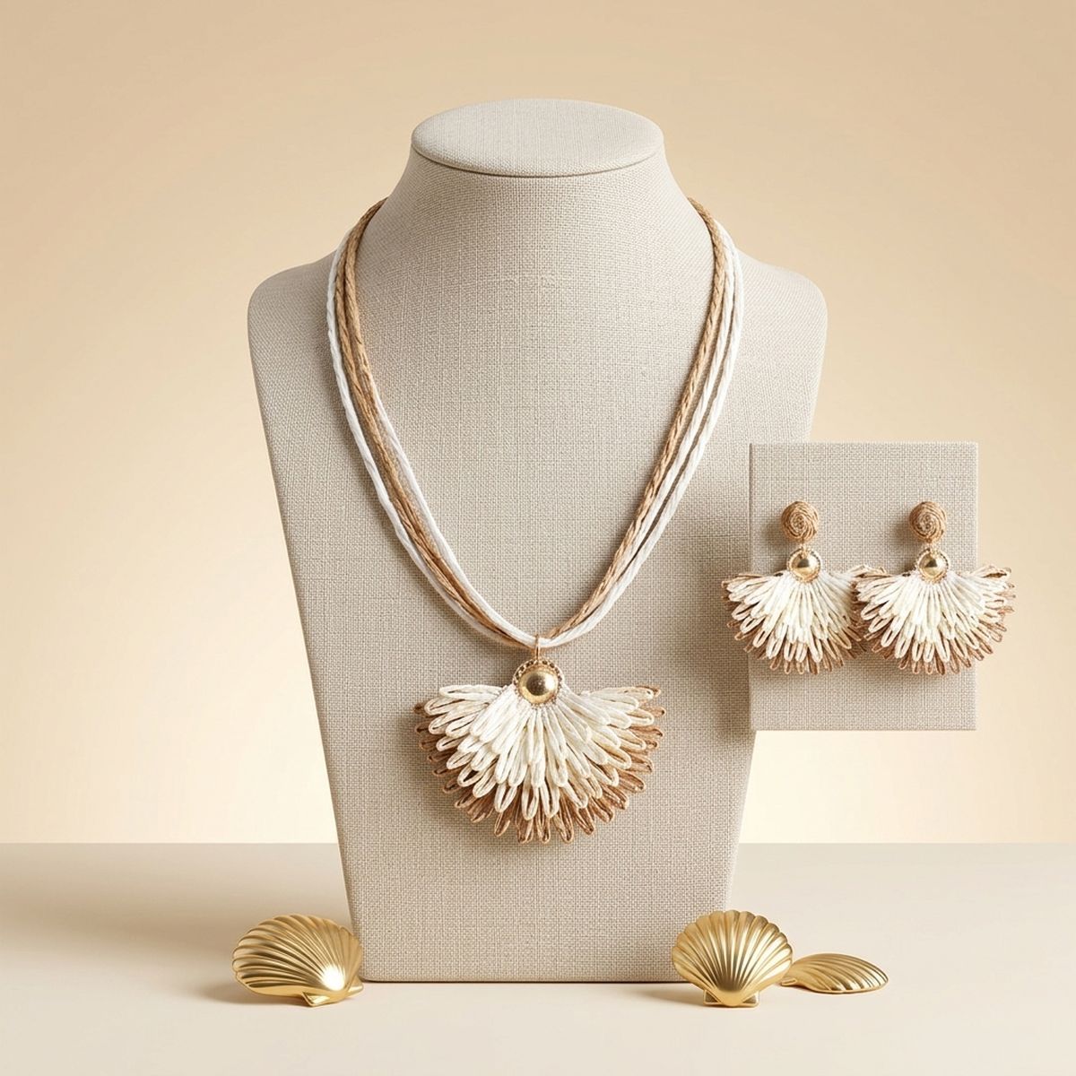 Creamy Browns Fanned Raffia Pendant Necklace Set
