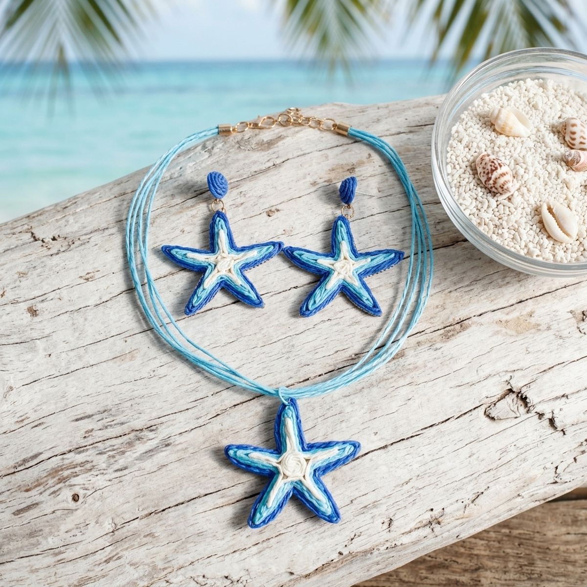 Aqua Blue Starfish Raffia Pendant Necklace Set