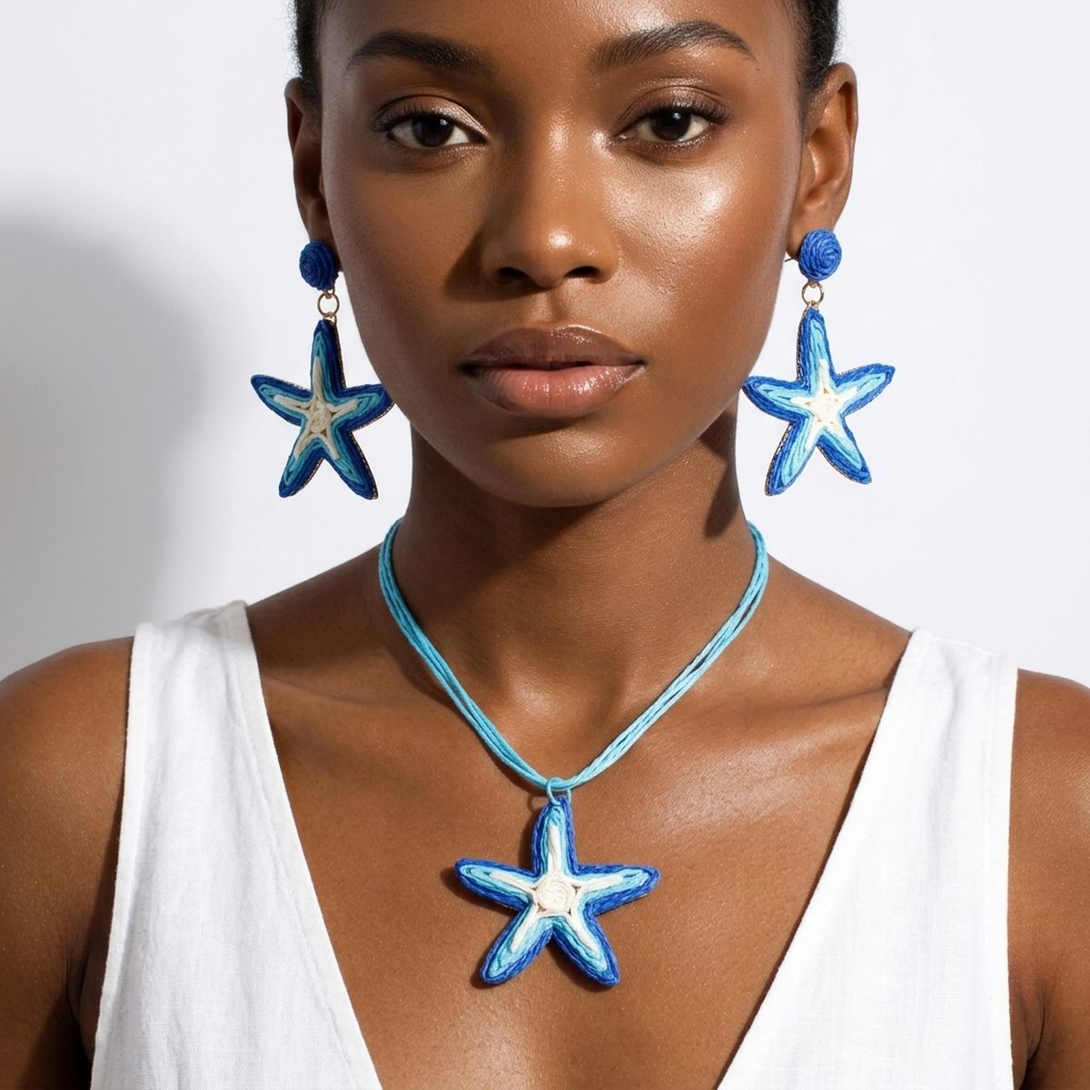 Aqua Blue Starfish Raffia Pendant Necklace Set