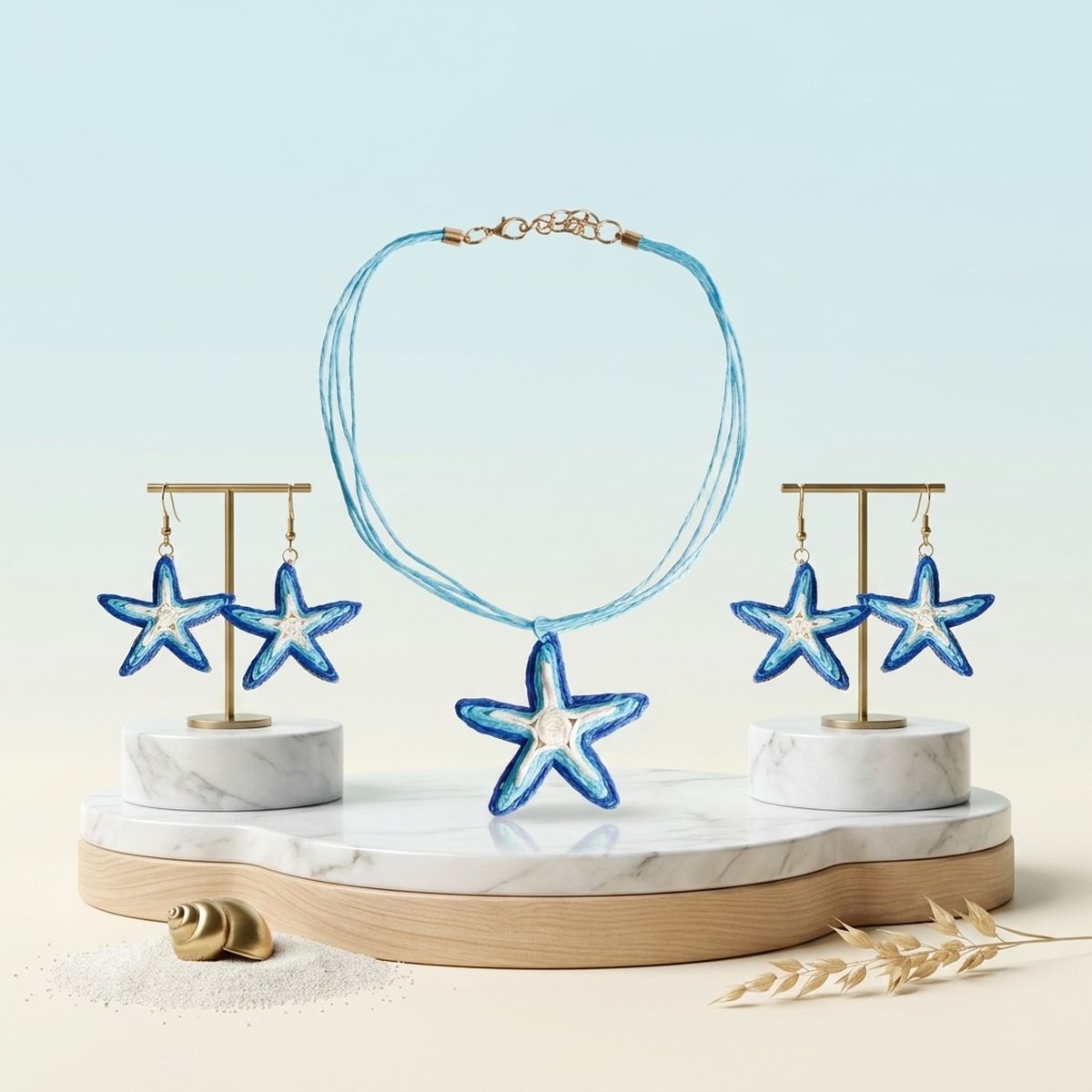 Aqua Blue Starfish Raffia Pendant Necklace Set