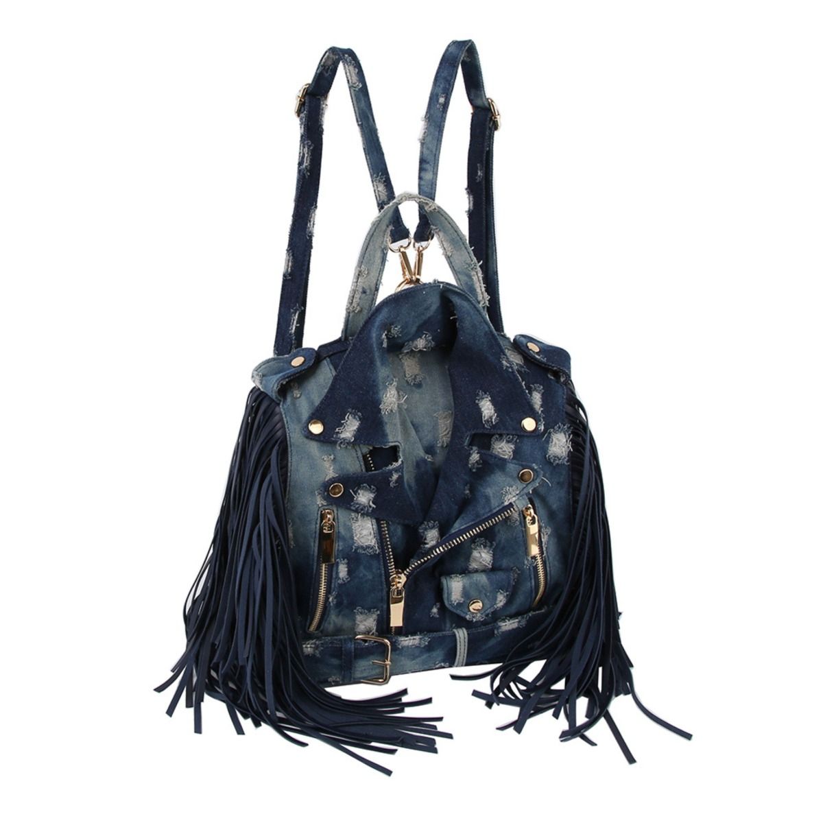 Moto Backpack Dark Distressed Denim Handbag