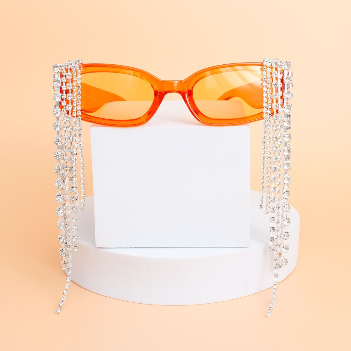 Sunglasses Orange Rectangle Rhinestone Fringe