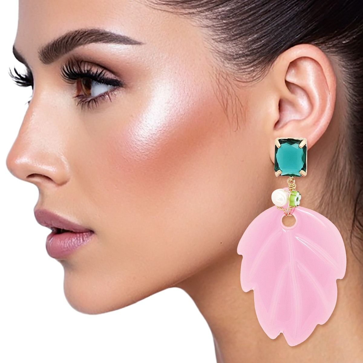AKA Pink and Green Tropical Leaf Drop Earrings