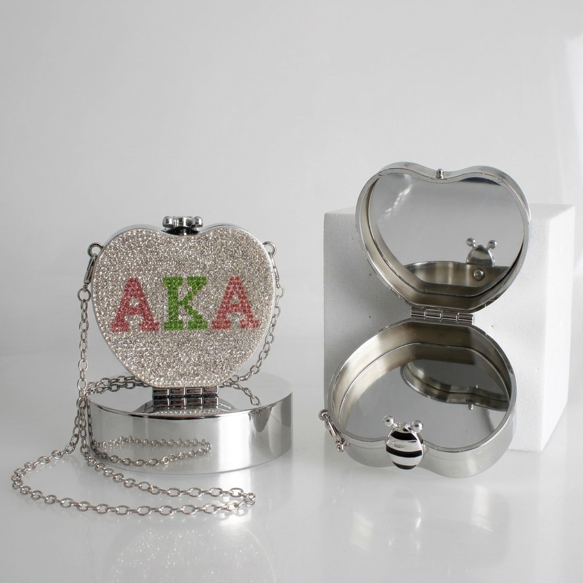 AKA Mini Rhinestone Heart Crossbody Compact