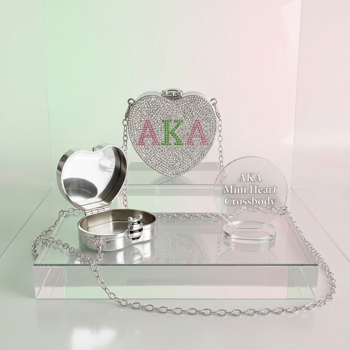 AKA Mini Rhinestone Heart Crossbody Compact