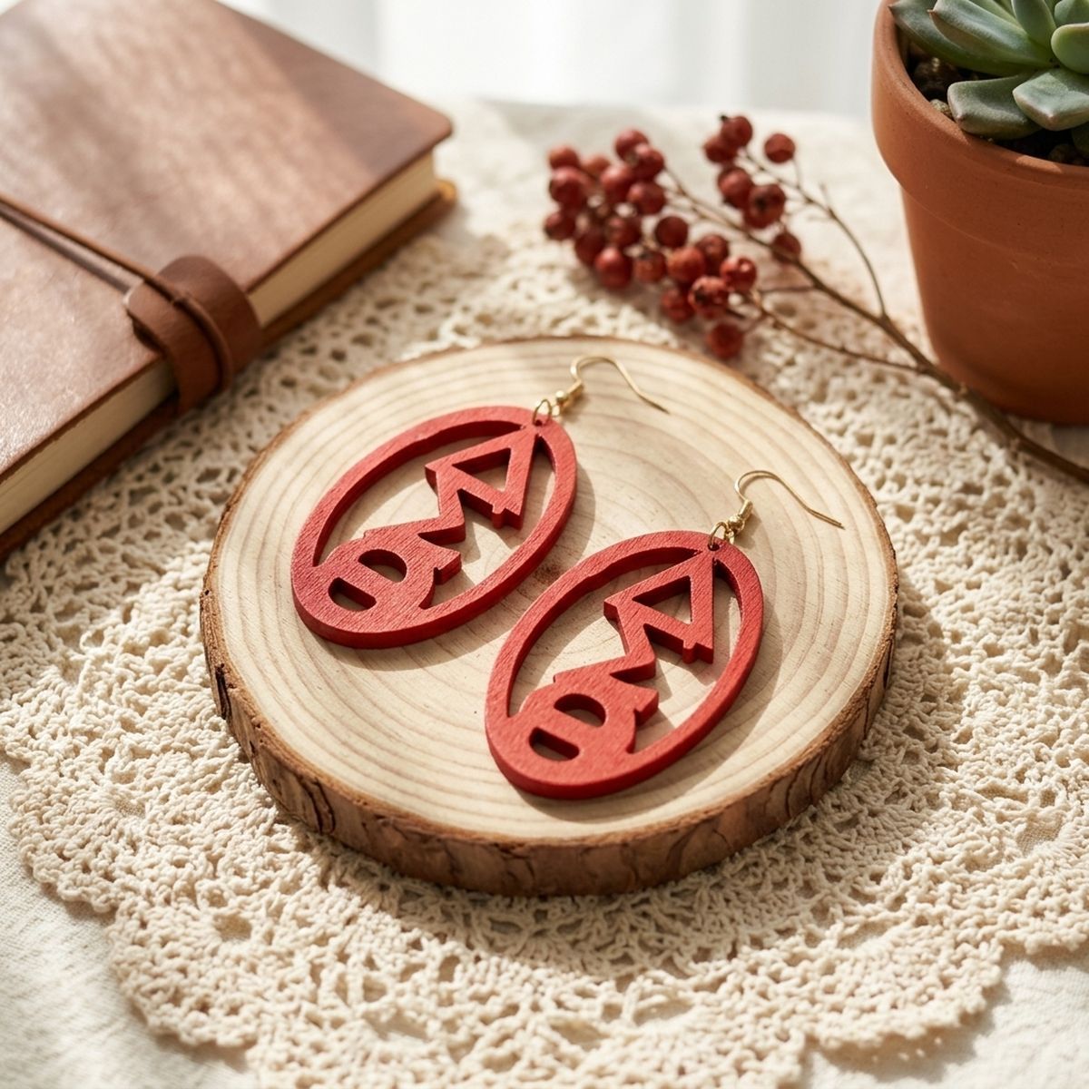 DST Oval Red Wood Greek Letter Fish Hook Earrings