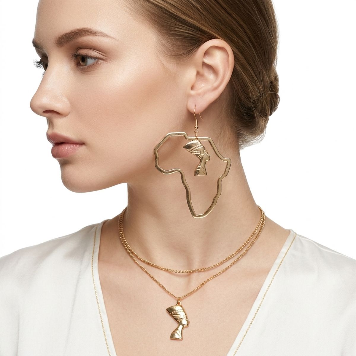 Gold Africa Nefertiti Charm Fish Hook Earrings