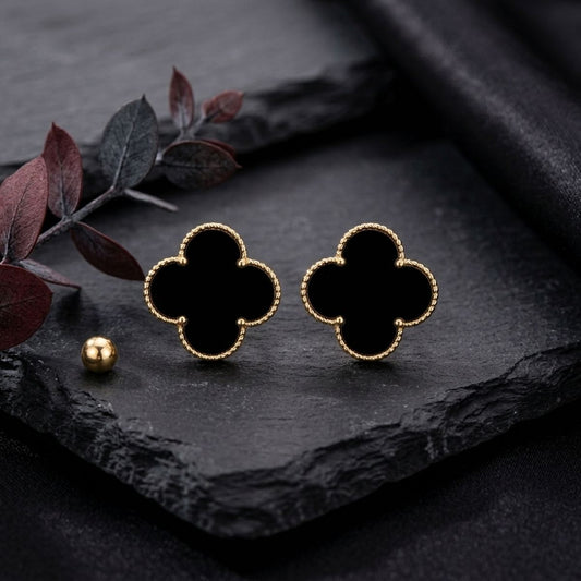Stud Large Black and Gold Quatrefoil Earrings