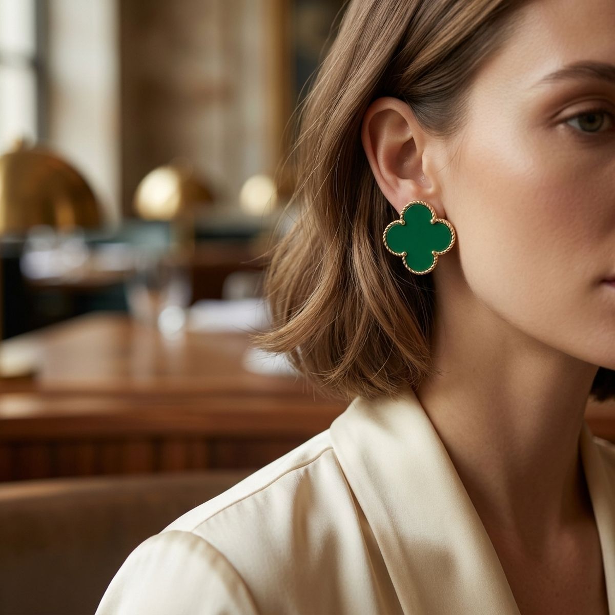 Stud Large Green and Gold Quatrefoil Earrings