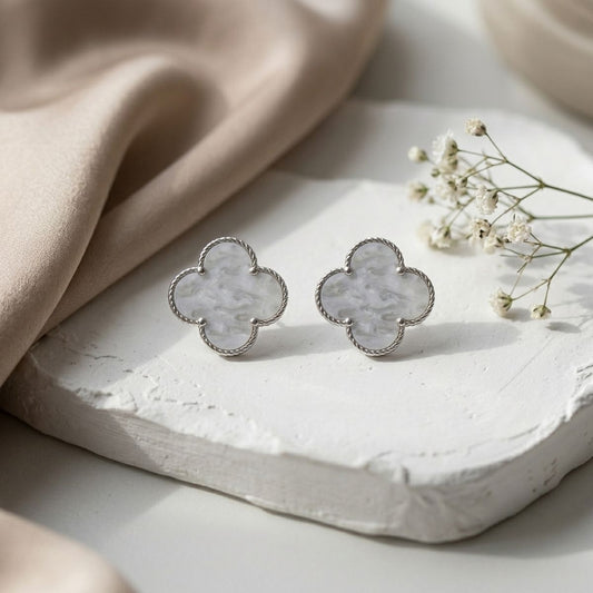Stud Large White and Silver Quatrefoil Earrings