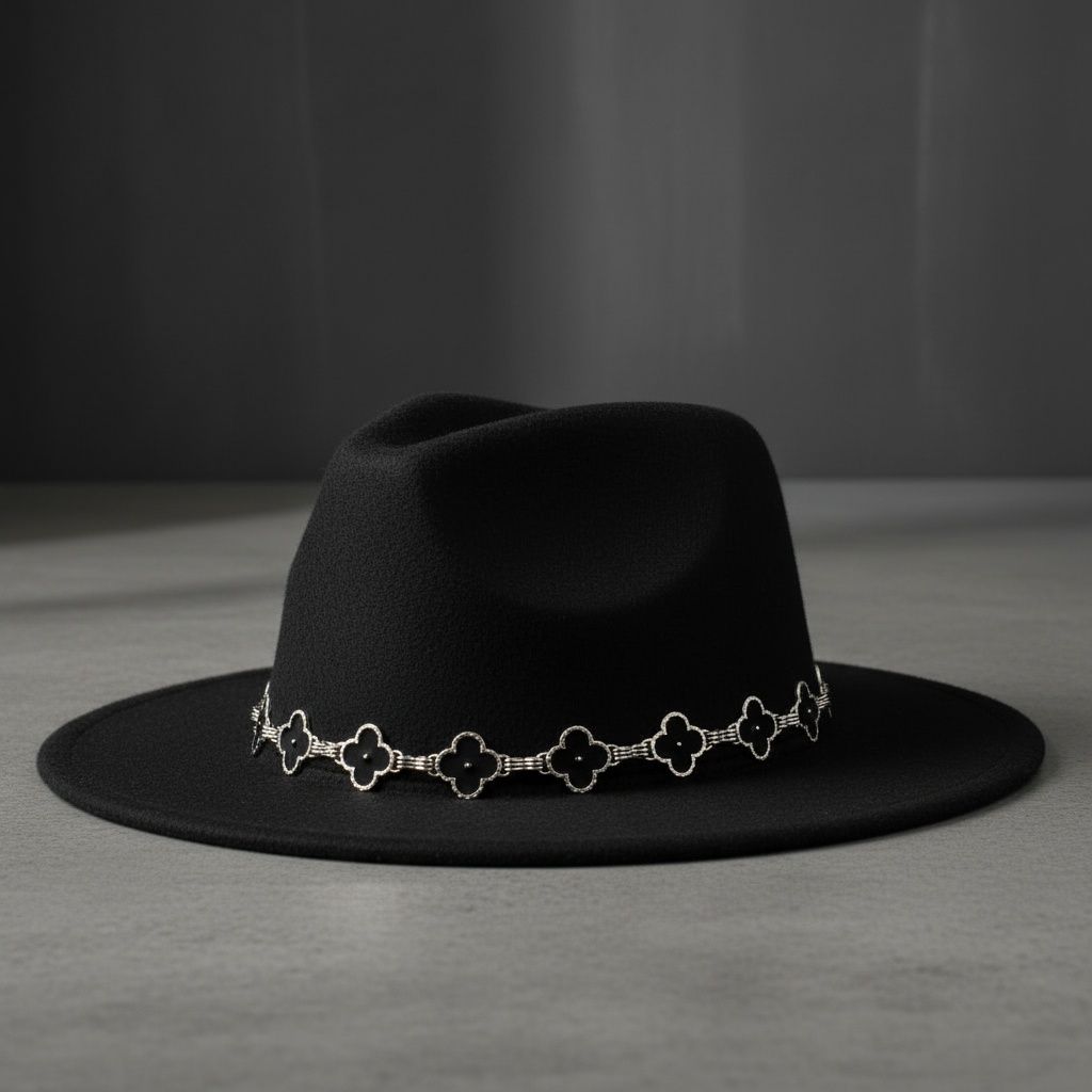 Black Fedora Hat with Black Silver Quatrefoil Band