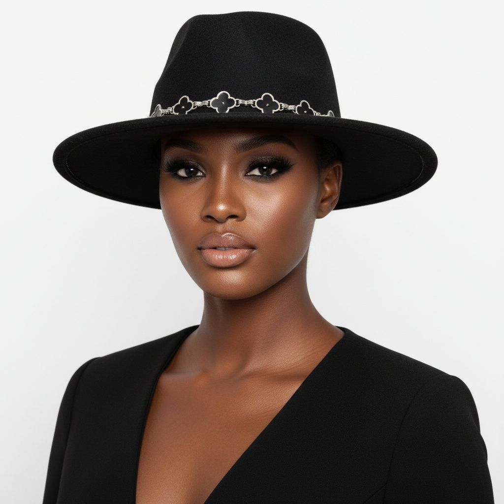 Black Fedora Hat with Black Silver Quatrefoil Band