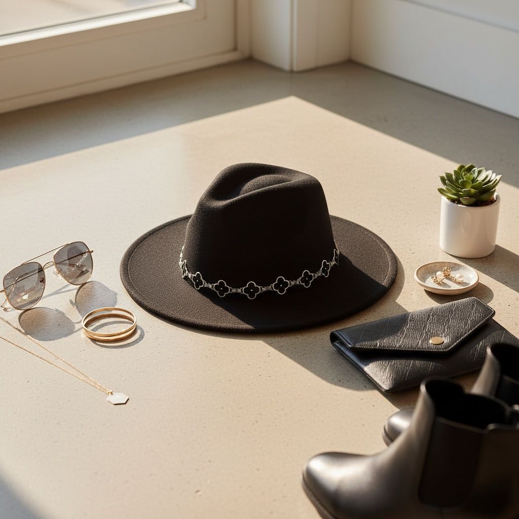 Black Fedora Hat with Black Silver Quatrefoil Band