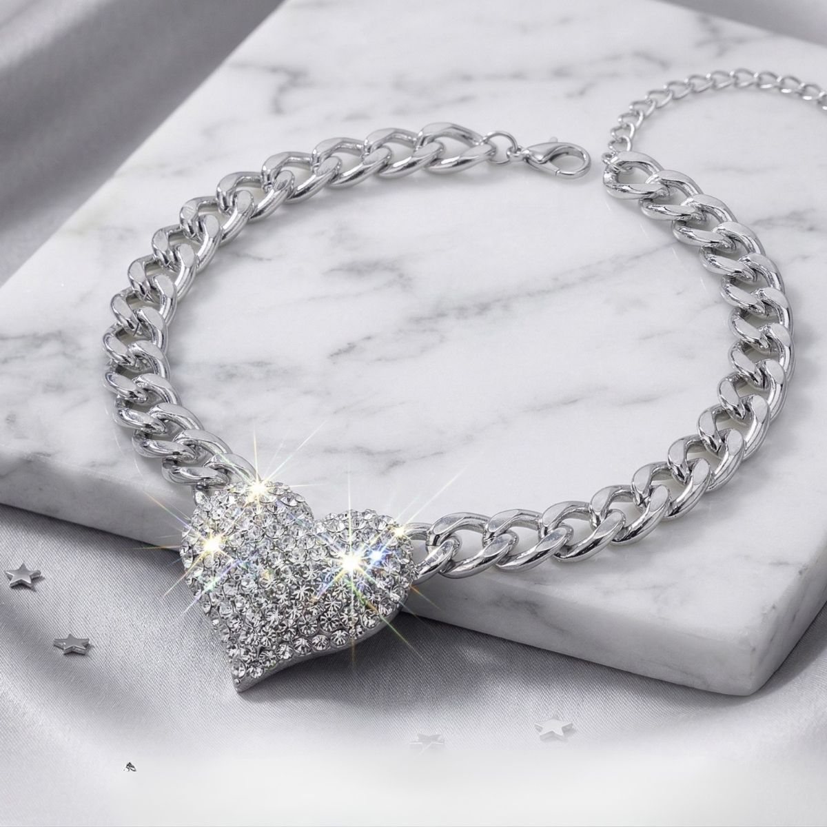 Silver Heart Station Pendant Chain