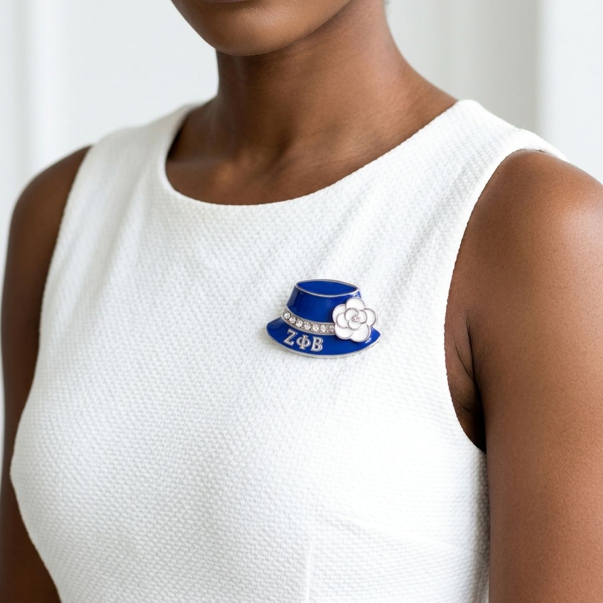 ZPB Greek Blue Hat Brooch with White Flower