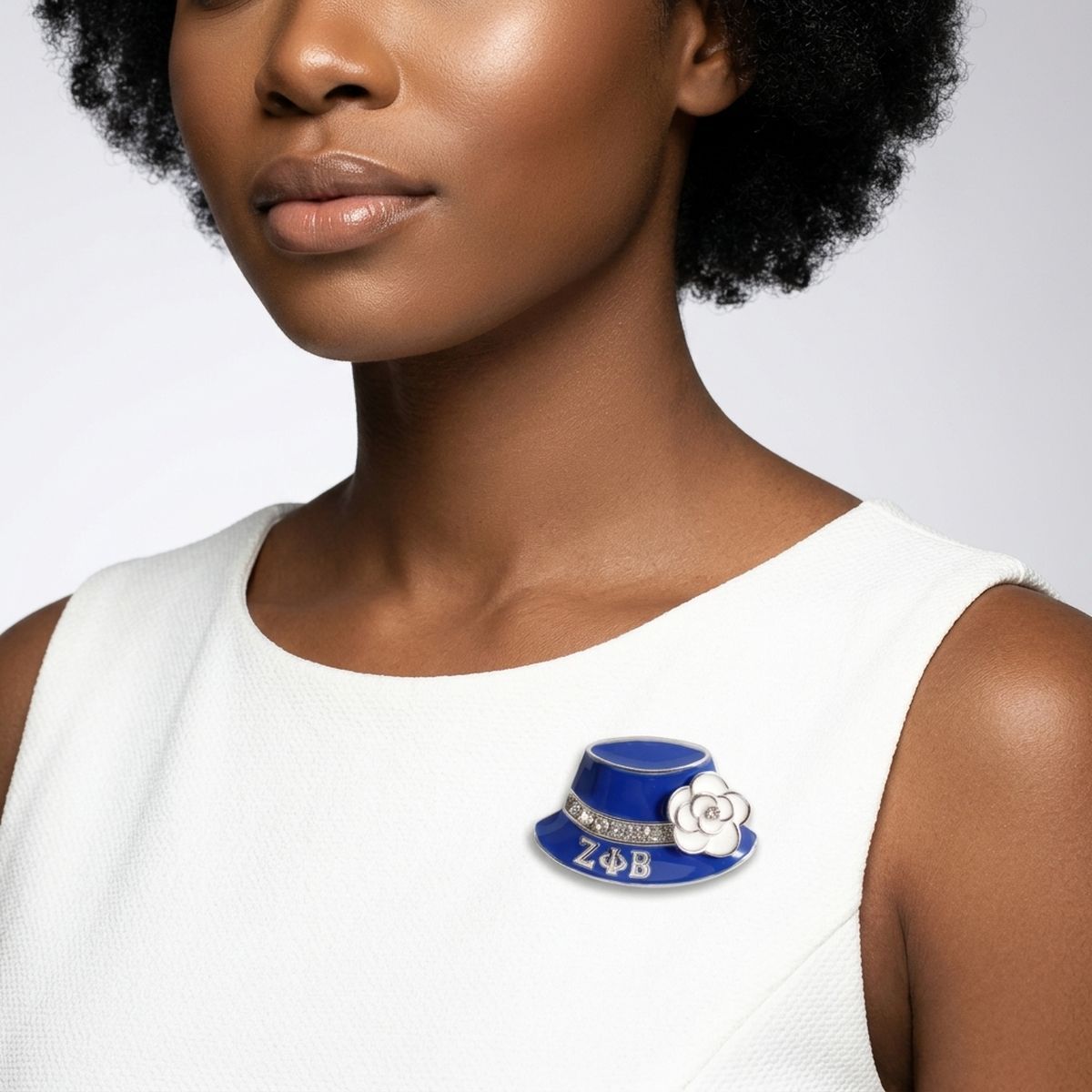 ZPB Greek Blue Hat Brooch with White Flower