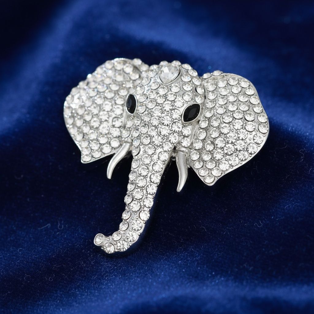 Brooch Silver Elephant Head Rhinestone Pin Women