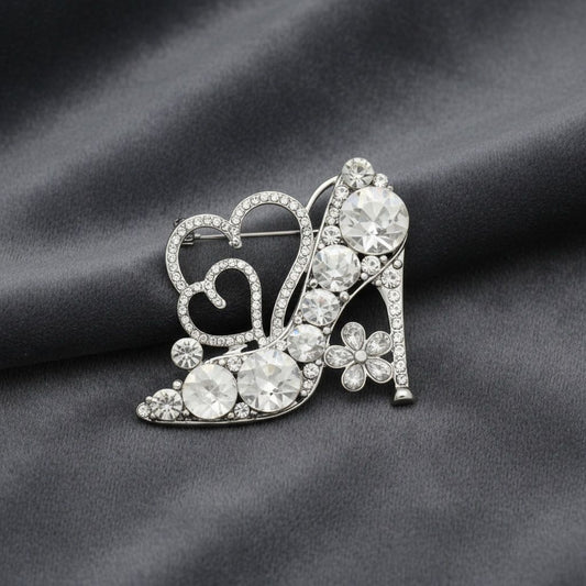 Glass Crystal High Heel and Heart Silver Brooch