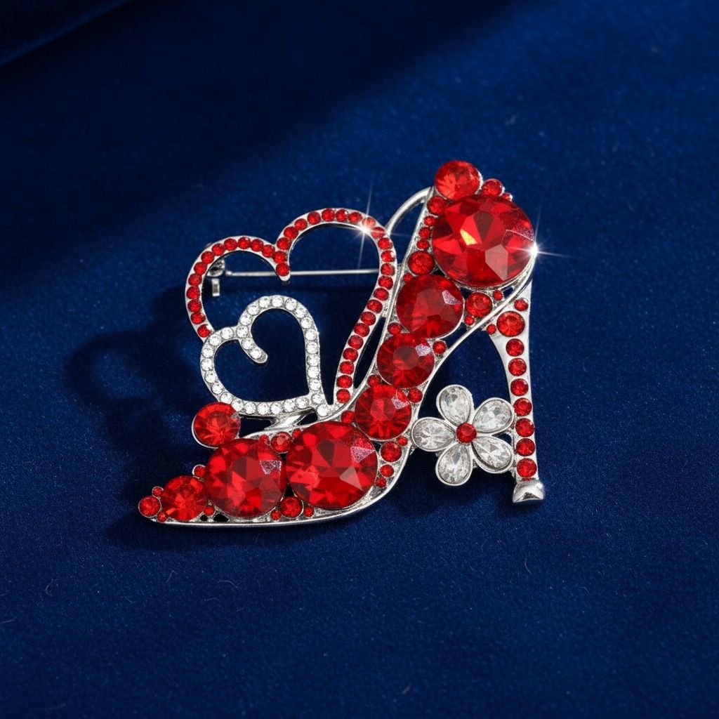 Glass Crystal High Heel and Heart Red Brooch
