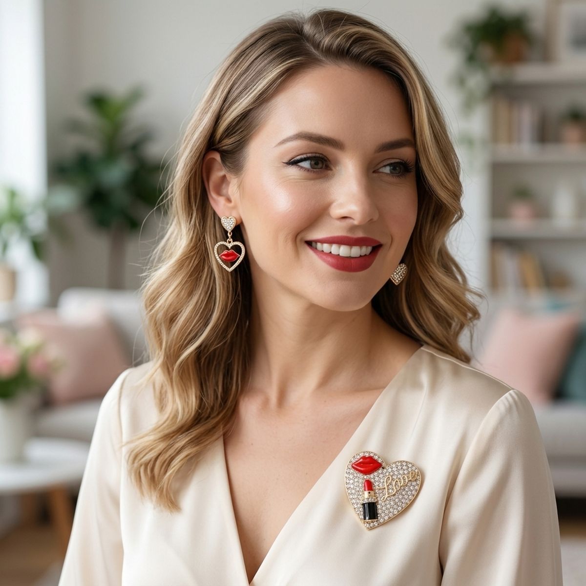 Gold Crystal Heart Red Lips Lipstick Love Brooch