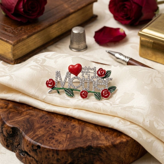 Brooch Silver #1 Mother Rhinestone Red Rose Pin