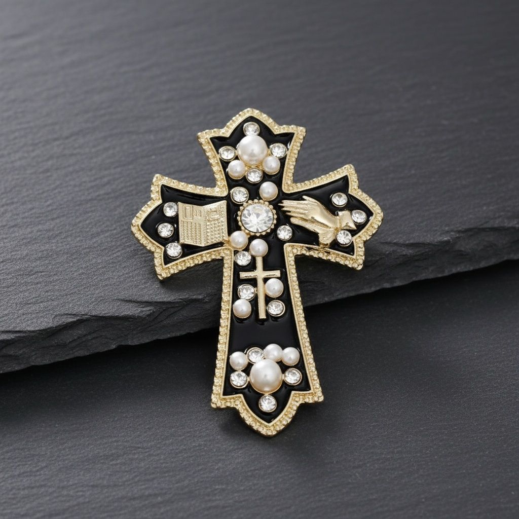 Black Brooch Elaborate Religious Cross Gold Pin
