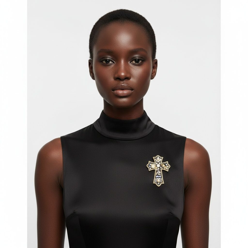 Black Brooch Elaborate Religious Cross Gold Pin