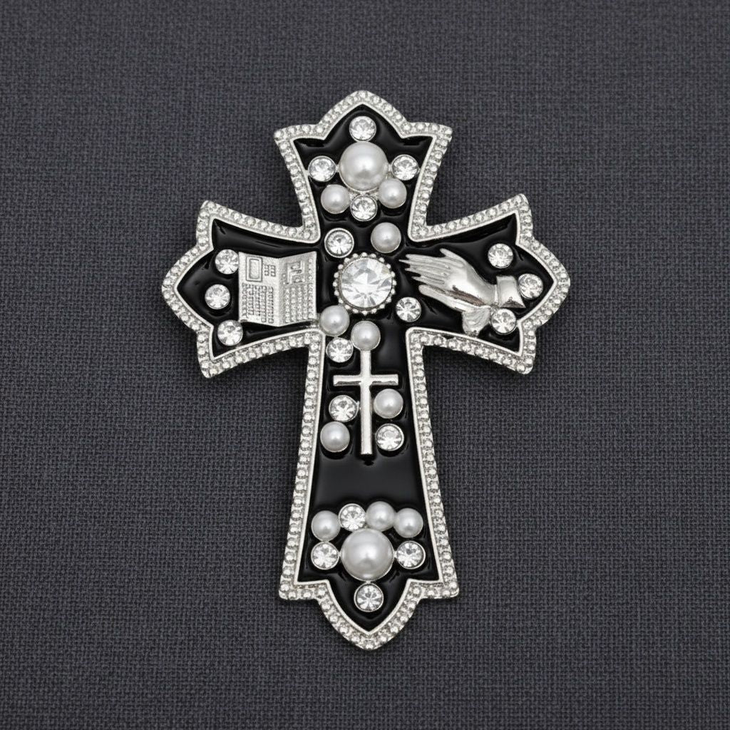 Black Brooch Elaborate Religious Cross Silver Pin
