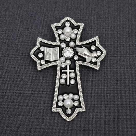 Black Brooch Elaborate Religious Cross Silver Pin