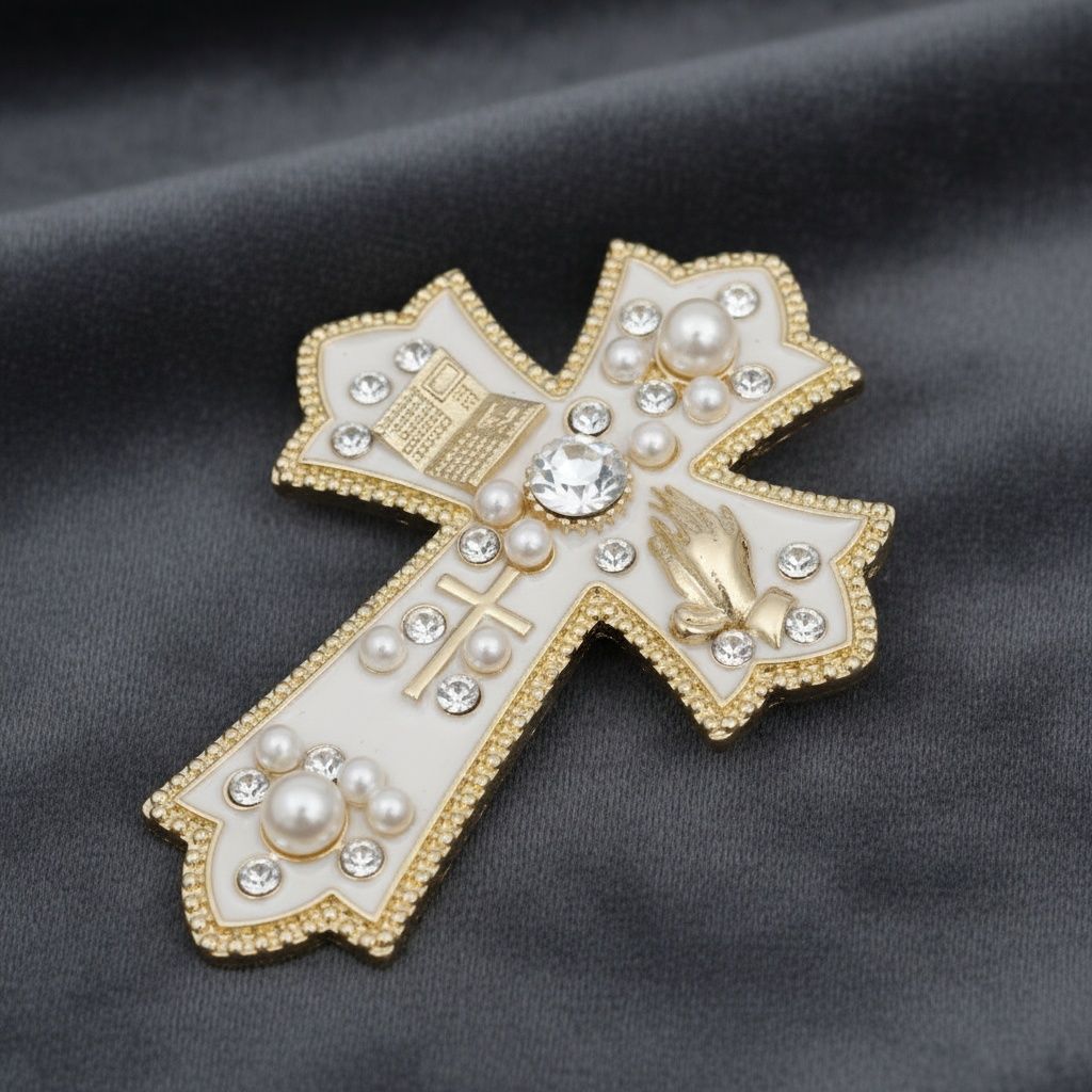 White Brooch Elaborate Religious Cross Gold Pin
