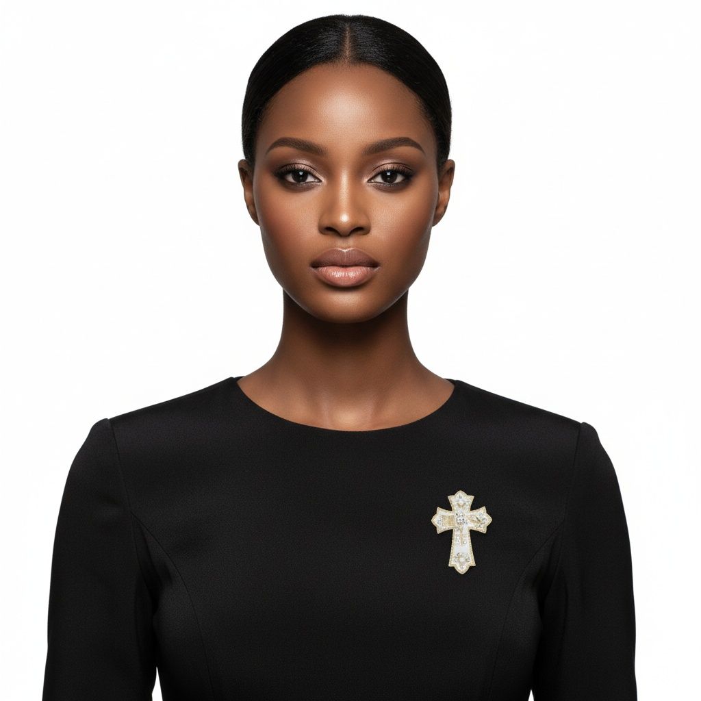 White Brooch Elaborate Religious Cross Gold Pin