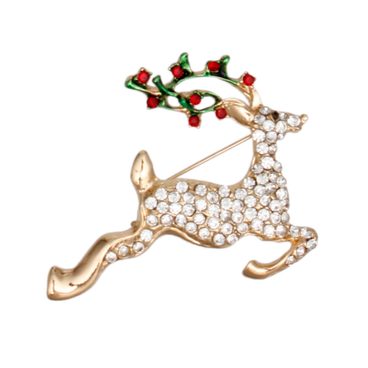 Brooch Leaping Xmas Reindeer Glittery Gold Pin