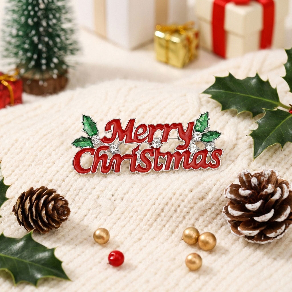 Brooch Red Merry Christmas Holly Gold Pin