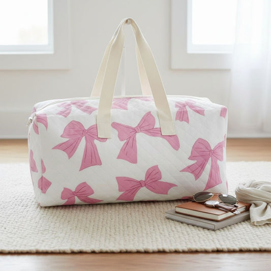 Travel Bag White Quilted Pretty Pink Bow Duffel