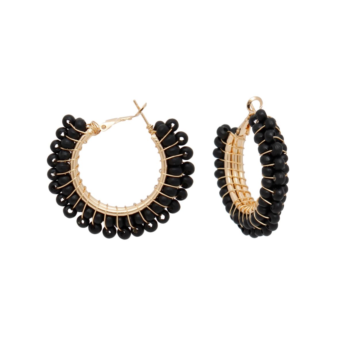 Hoops Black Bead Gold Wire Wrapped Earrings Women