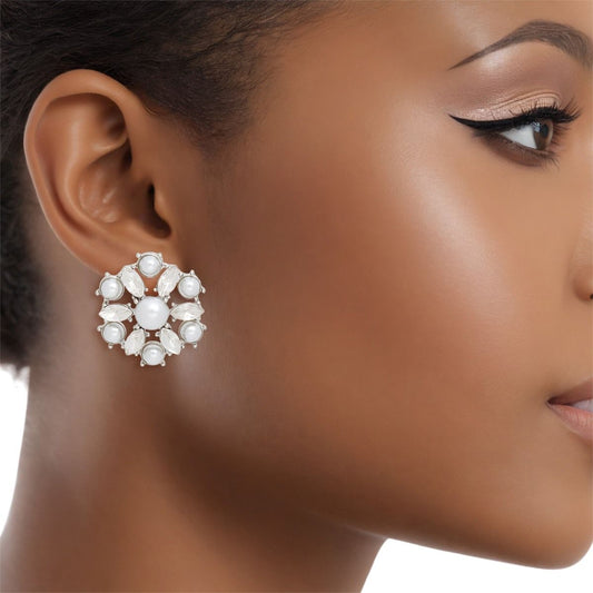 Studs Silver White Pearl Domed Cluster Earrings