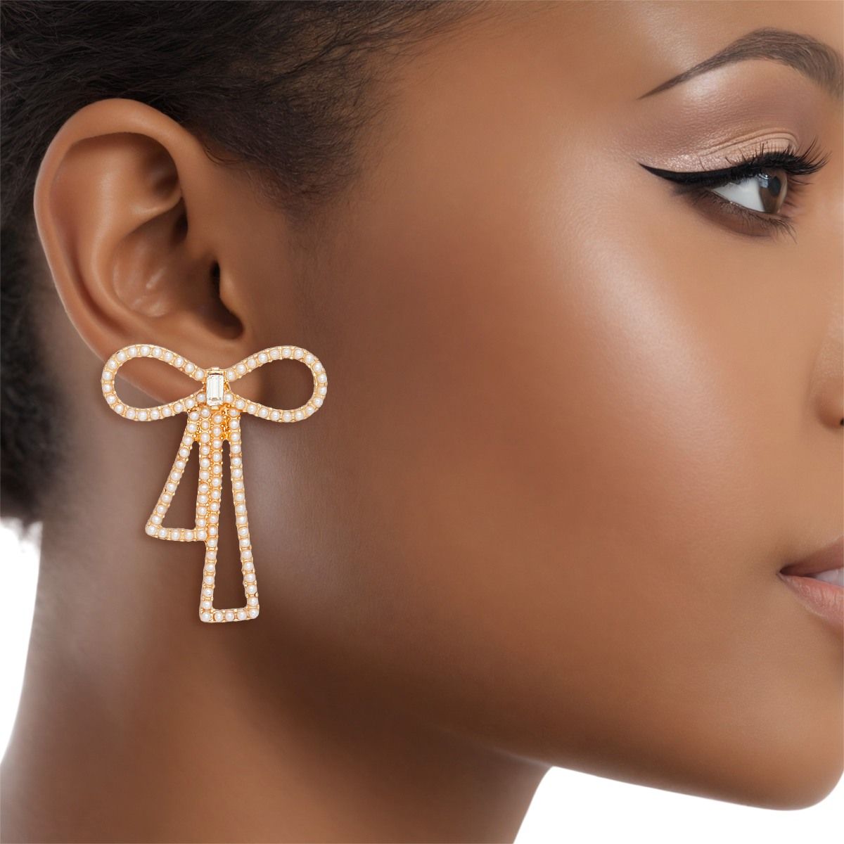 Studs Gold Cream Pearl Ribbon Bow Earrings Women