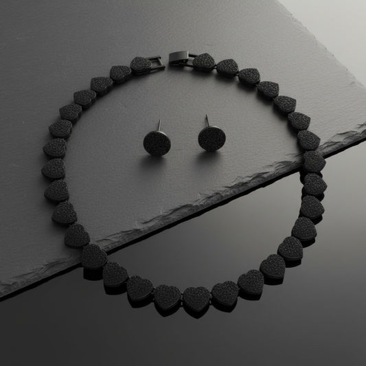 Chain Jet Black Pave Heart Link Necklace Set Women
