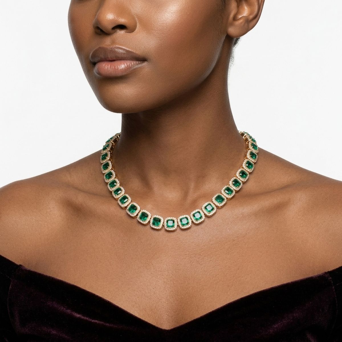 Tennis Green Cushion Cut Crystal Halo Luxe Necklace